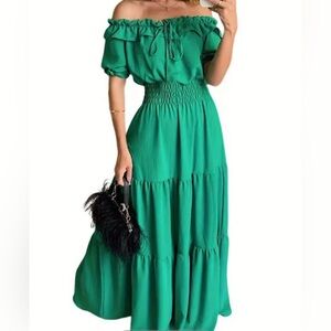 Emerald Off-Shoulder Tiered Maxi Dress | Smocked Waist, Ruffle Neckline